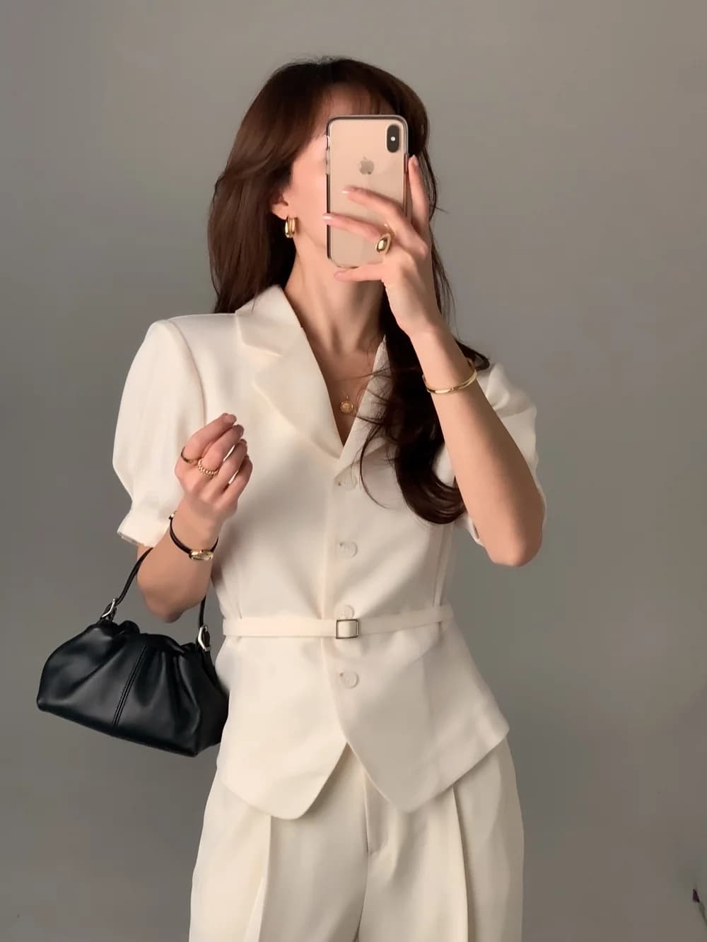크기 있음 업데이트 프랑스식 품격 레트로 우아함 정장 칼라 싱글 줄 버튼 레이스업 허리 수축 출퇴근 맨위 상세 이미지 45