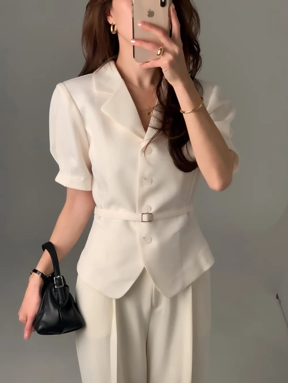 크기 있음 업데이트 프랑스식 품격 레트로 우아함 정장 칼라 싱글 줄 버튼 레이스업 허리 수축 출퇴근 맨위 상세 이미지 47