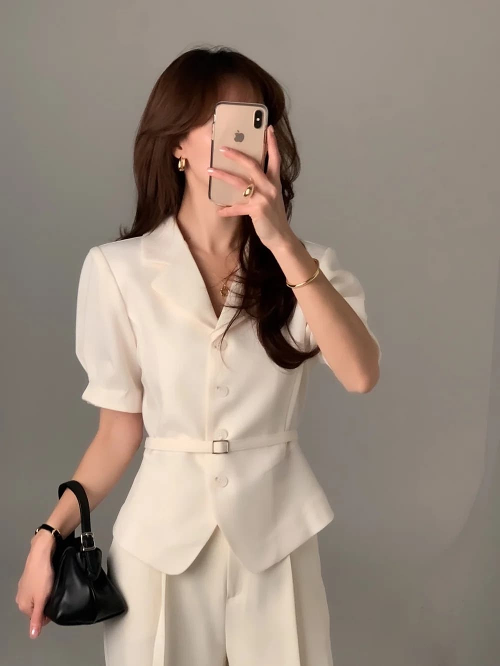 크기 있음 업데이트 프랑스식 품격 레트로 우아함 정장 칼라 싱글 줄 버튼 레이스업 허리 수축 출퇴근 맨위 상세 이미지 48