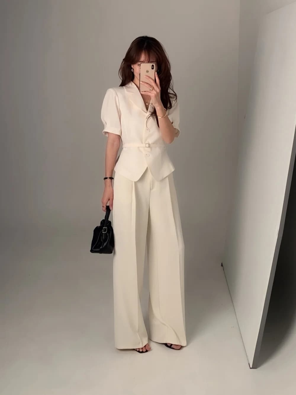 크기 있음 업데이트 프랑스식 품격 레트로 우아함 정장 칼라 싱글 줄 버튼 레이스업 허리 수축 출퇴근 맨위 상세 이미지 53