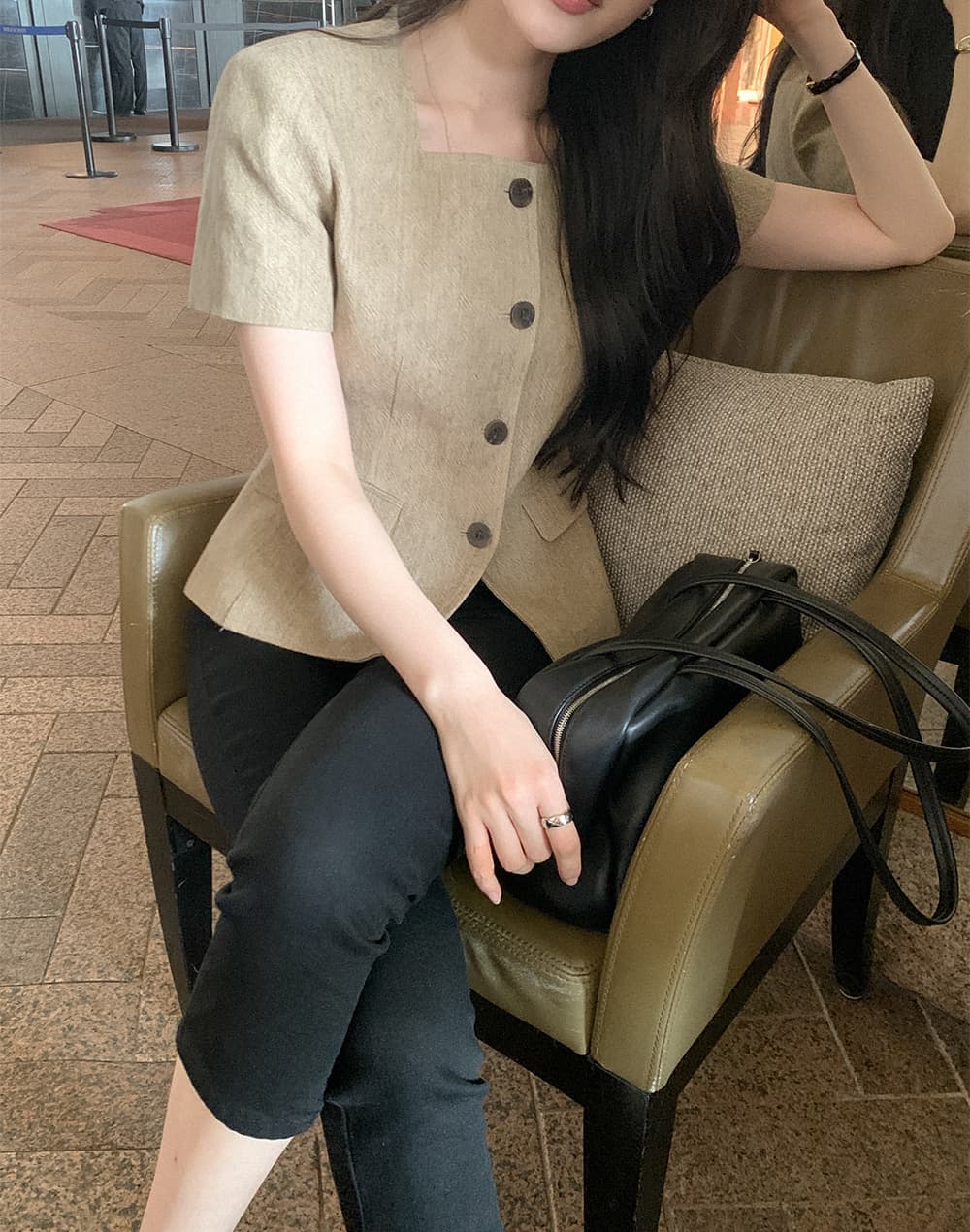 크기 있음 업데이트 한 부서 레트로 품격 작은 샤넬 스타일 광장 칼라 허리 수축 슬림해 보이는 반팔 우아함 다용도 출퇴근 재킷 상세 이미지 8
