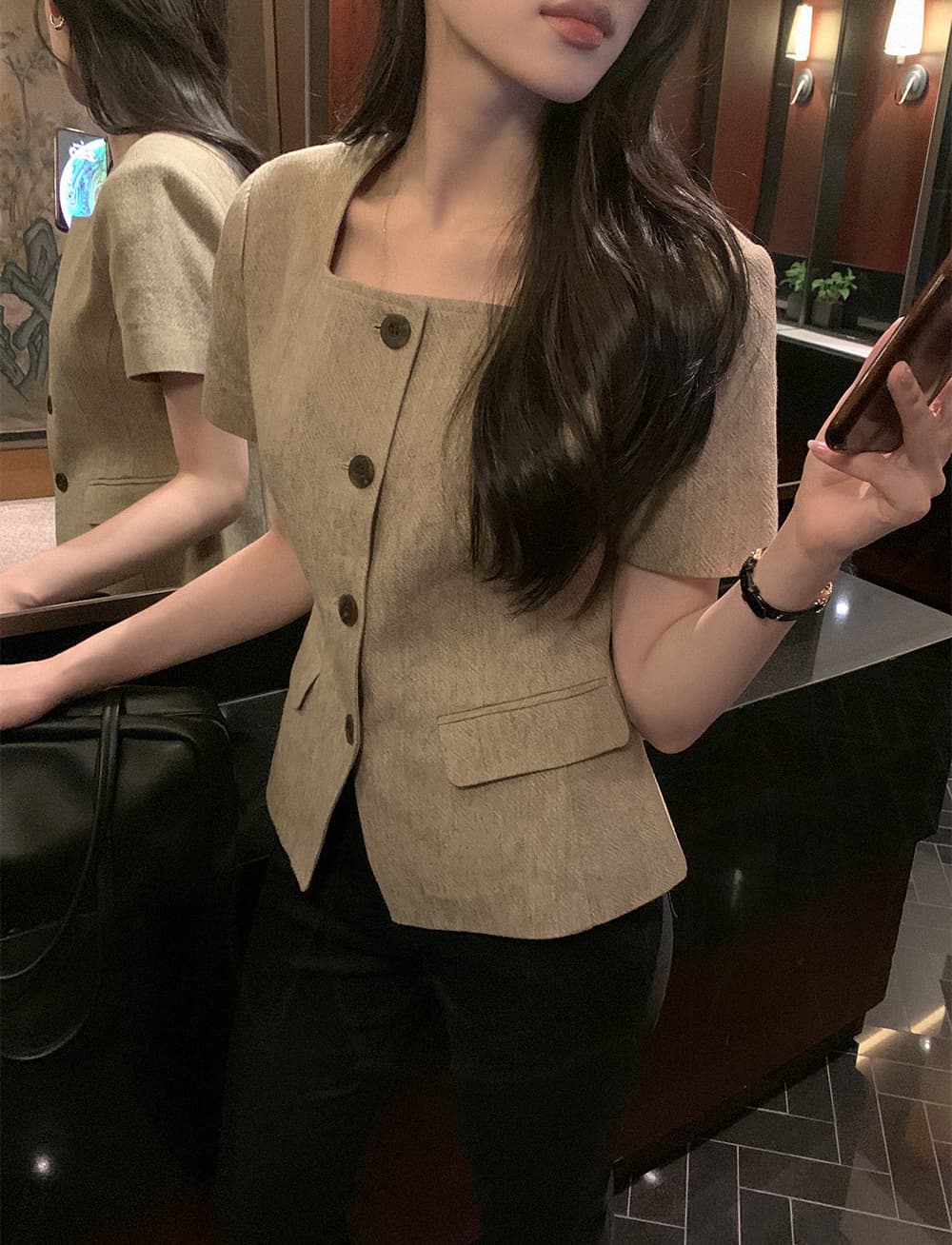 크기 있음 업데이트 한 부서 레트로 품격 작은 샤넬 스타일 광장 칼라 허리 수축 슬림해 보이는 반팔 우아함 다용도 출퇴근 재킷 상세 이미지 15