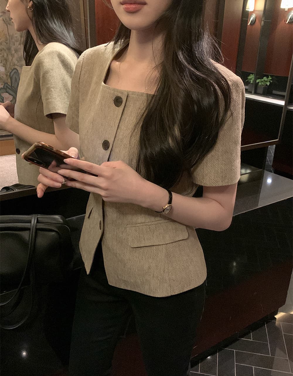 크기 있음 업데이트 한 부서 레트로 품격 작은 샤넬 스타일 광장 칼라 허리 수축 슬림해 보이는 반팔 우아함 다용도 출퇴근 재킷 상세 이미지 18