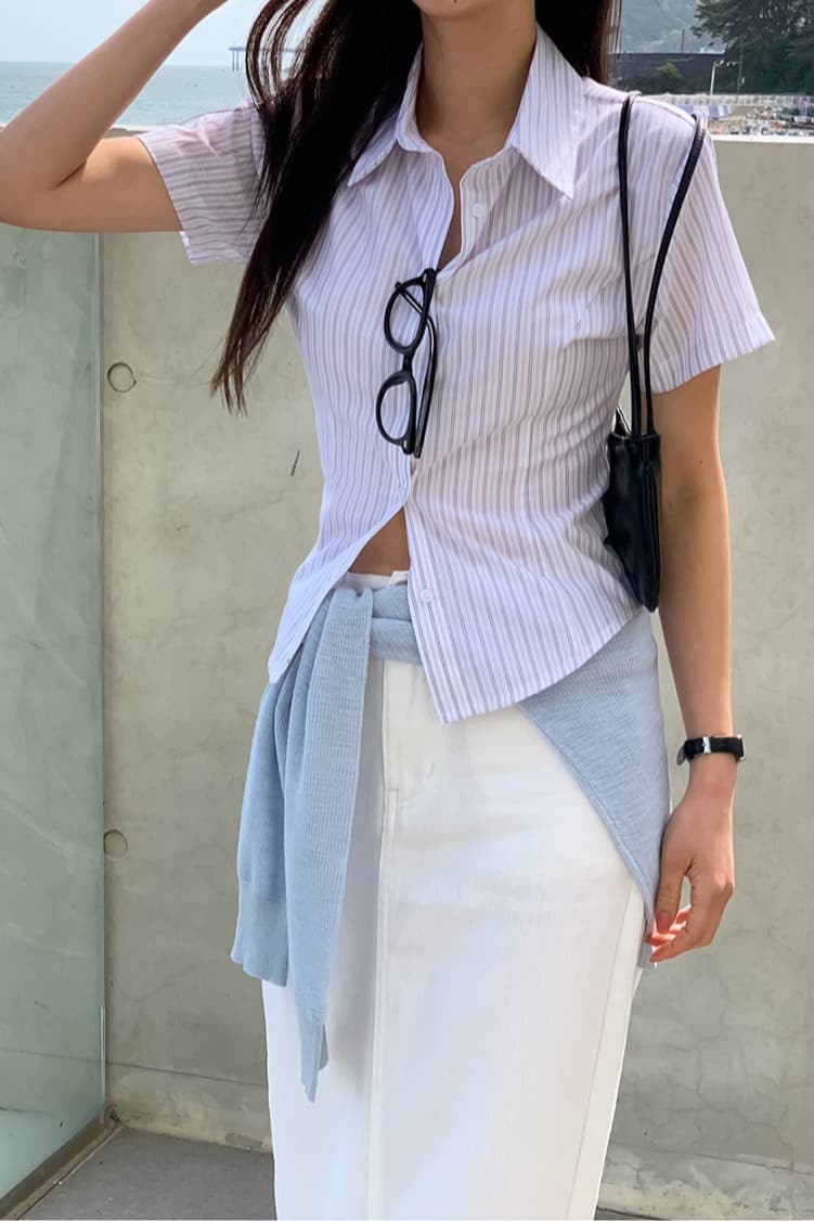 한 부서 미니멀리즘 허리 수축 폴로 칼라 일상 얼마 요? 다용도 스트라이프 인터넷 색상 출퇴근 다용도 셔츠 맨위 이미지 6