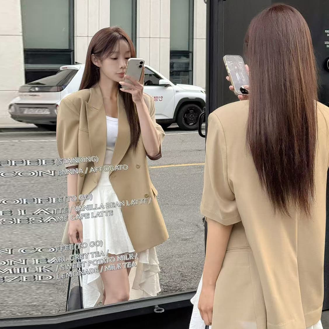 크기 있음 업데이트 한 부서 미니멀리즘 품격 정장 칼라 싱글 줄 버튼 레이스업 허리 수축 슬림해 보이는 반팔 블레이저 이미지 5