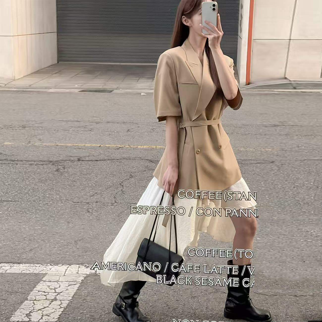 크기 있음 업데이트 한 부서 미니멀리즘 품격 정장 칼라 싱글 줄 버튼 레이스업 허리 수축 슬림해 보이는 반팔 블레이저 이미지 3