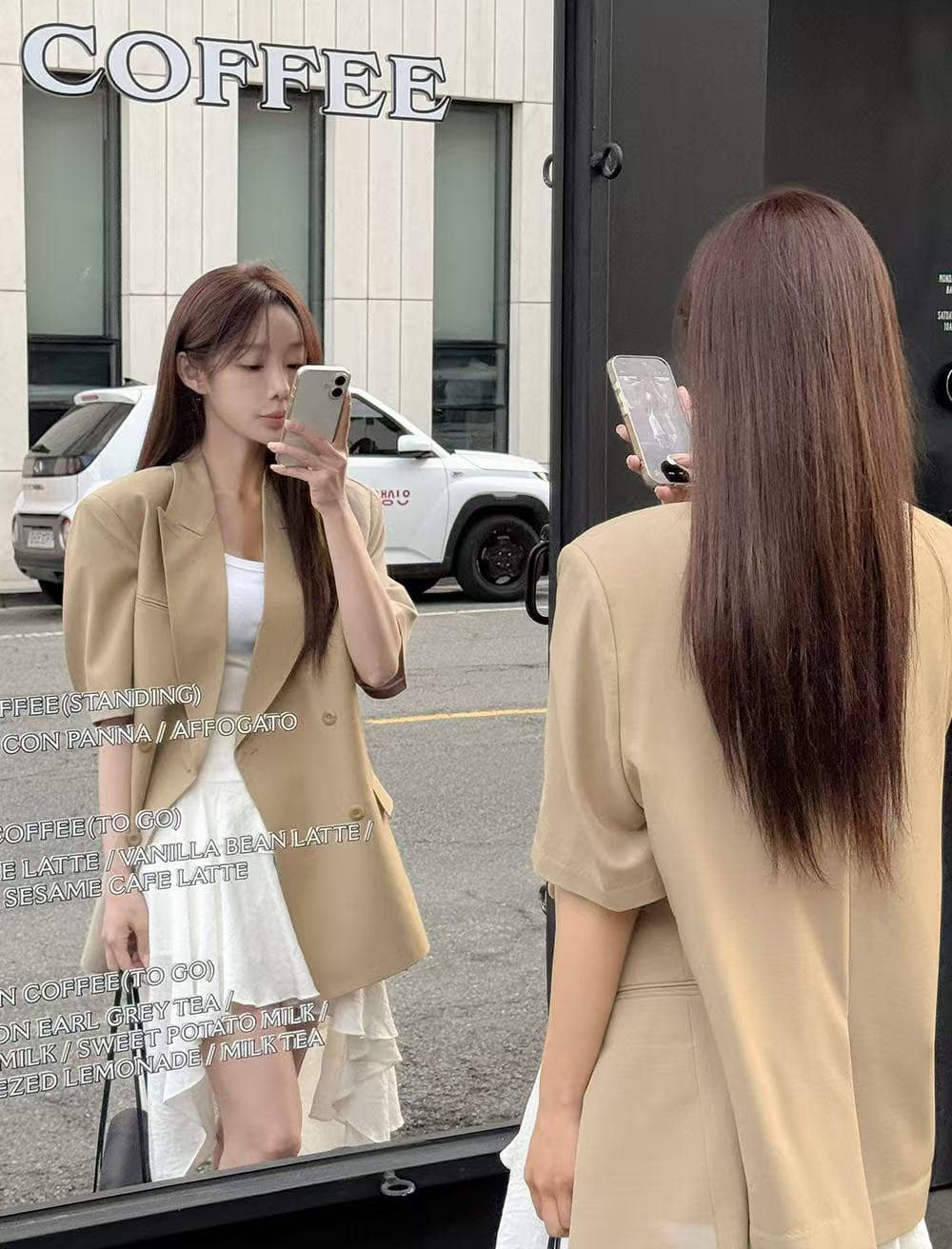 크기 있음 업데이트 한 부서 미니멀리즘 품격 정장 칼라 싱글 줄 버튼 레이스업 허리 수축 슬림해 보이는 반팔 블레이저 상세 이미지 3