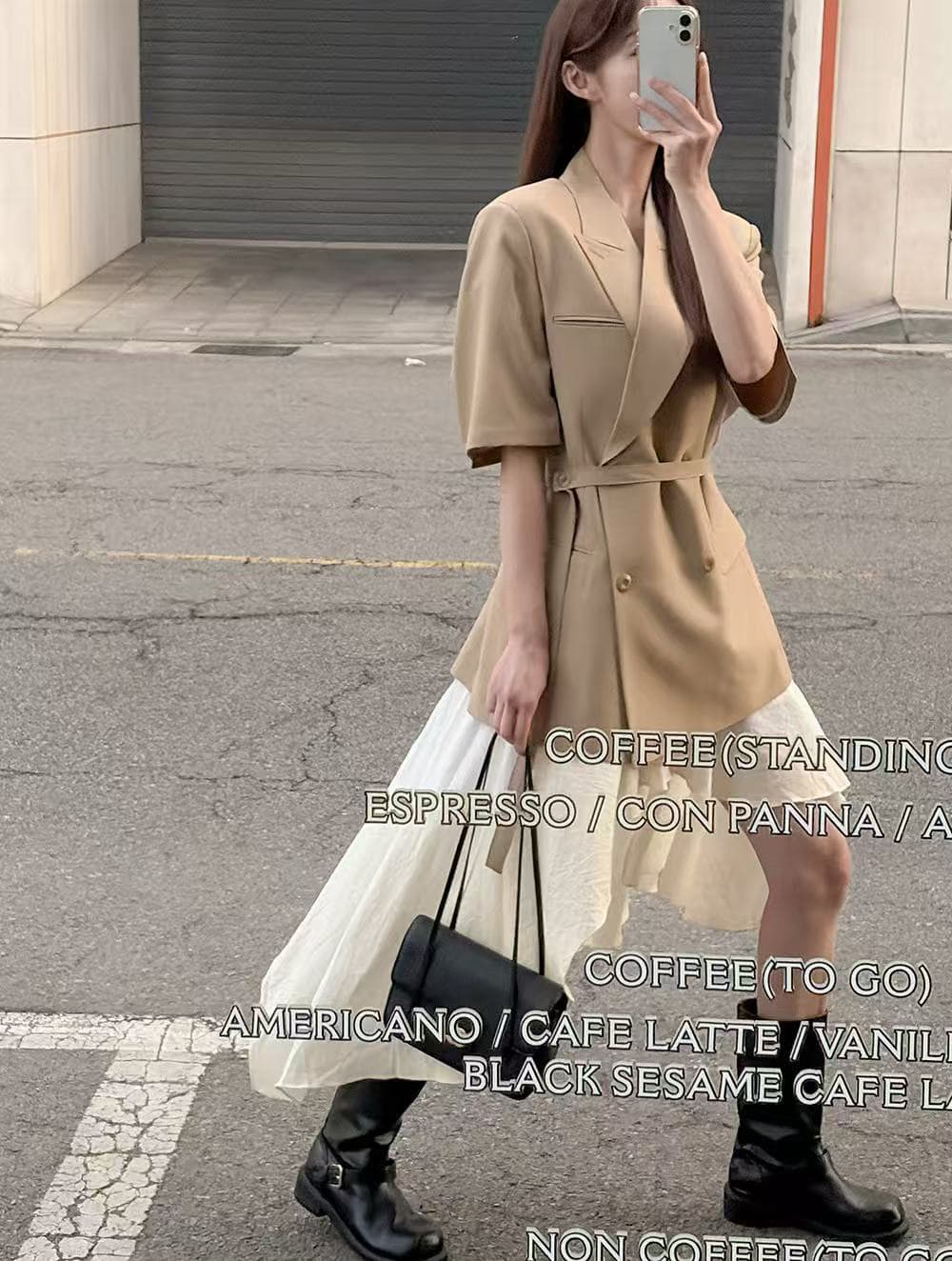 크기 있음 업데이트 한 부서 미니멀리즘 품격 정장 칼라 싱글 줄 버튼 레이스업 허리 수축 슬림해 보이는 반팔 블레이저 상세 이미지 4