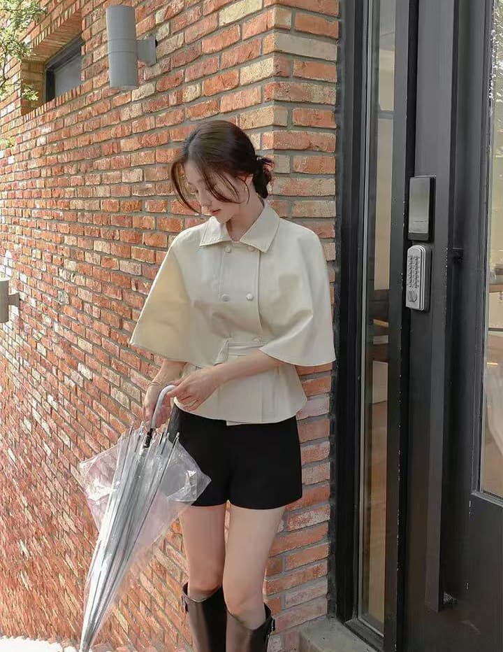 한 부서 품격 우아함 망토 디자인 언더 랙 레이스업 허리 수축 표지 고기 슬림해 보이는 셔츠 맨위 여성 상세 이미지 12