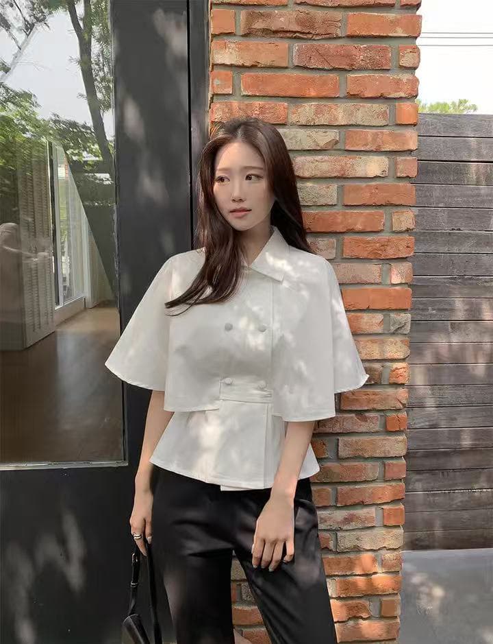 한 부서 품격 우아함 망토 디자인 언더 랙 레이스업 허리 수축 표지 고기 슬림해 보이는 셔츠 맨위 여성 상세 이미지 15