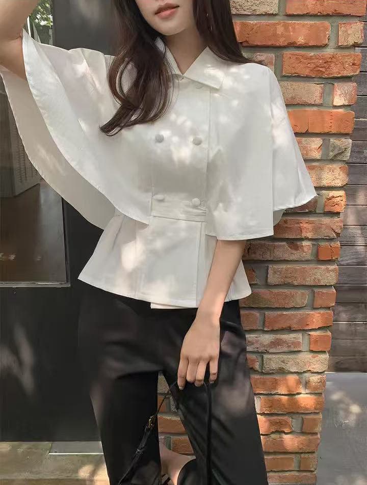 한 부서 품격 우아함 망토 디자인 언더 랙 레이스업 허리 수축 표지 고기 슬림해 보이는 셔츠 맨위 여성 상세 이미지 16