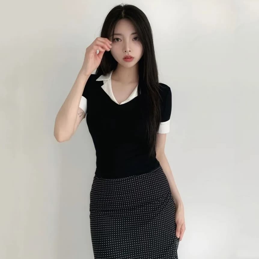 한국 chic 캐주얼 품격 다용도 출퇴근 섹션 폴로 칼라 패치워크 페이크 레이어드 티셔츠 맨위 여성 이미지 5