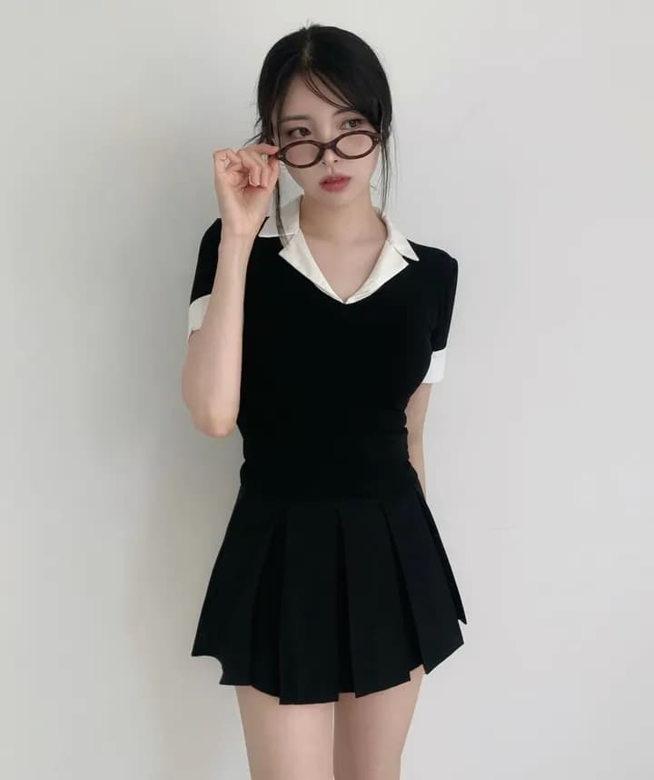 한국 chic 캐주얼 품격 다용도 출퇴근 섹션 폴로 칼라 패치워크 페이크 레이어드 티셔츠 맨위 여성 상세 이미지 3