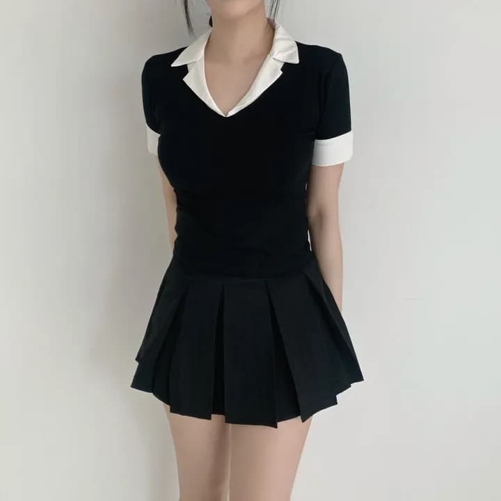 한국 chic 캐주얼 품격 다용도 출퇴근 섹션 폴로 칼라 패치워크 페이크 레이어드 티셔츠 맨위 여성 상세 이미지 4