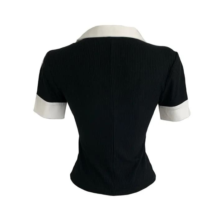 한국 chic 캐주얼 품격 다용도 출퇴근 섹션 폴로 칼라 패치워크 페이크 레이어드 티셔츠 맨위 여성 상세 이미지 11