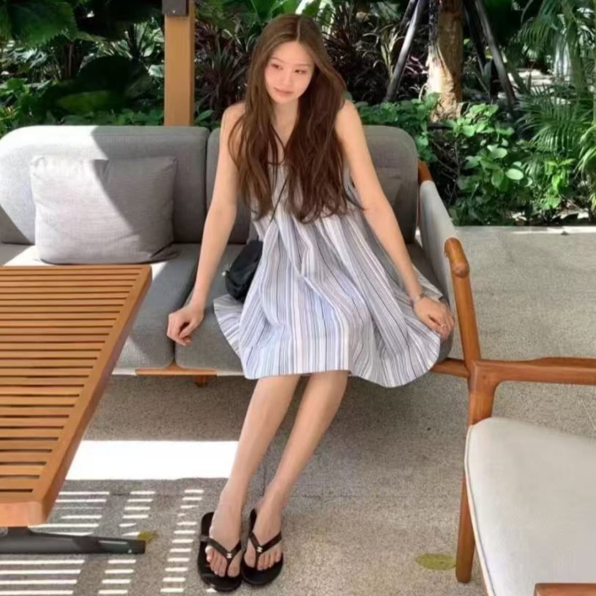 크기 있음 업데이트 ins 한 부서 작은 청신 스트라이프 슬립 드레스 일상 다용도 플리츠 루즈핏 휴가 치마 이미지 3