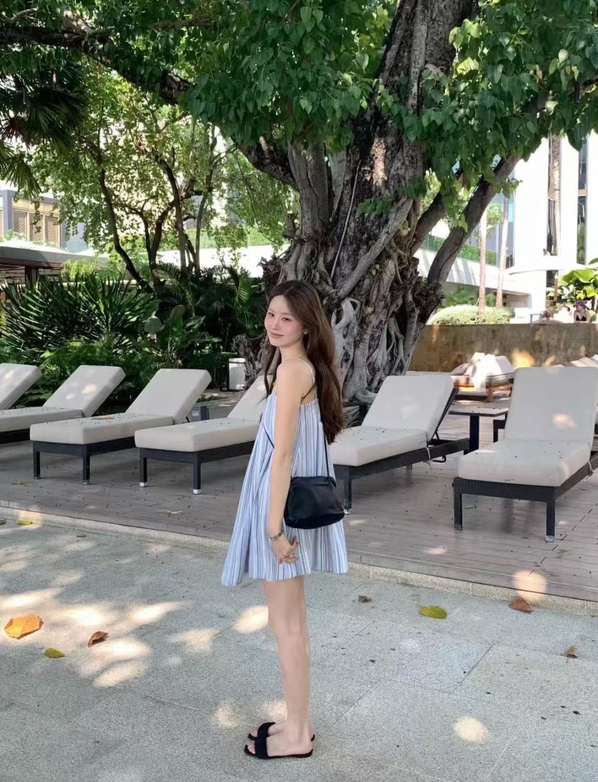 크기 있음 업데이트 ins 한 부서 작은 청신 스트라이프 슬립 드레스 일상 다용도 플리츠 루즈핏 휴가 치마 상세 이미지 4