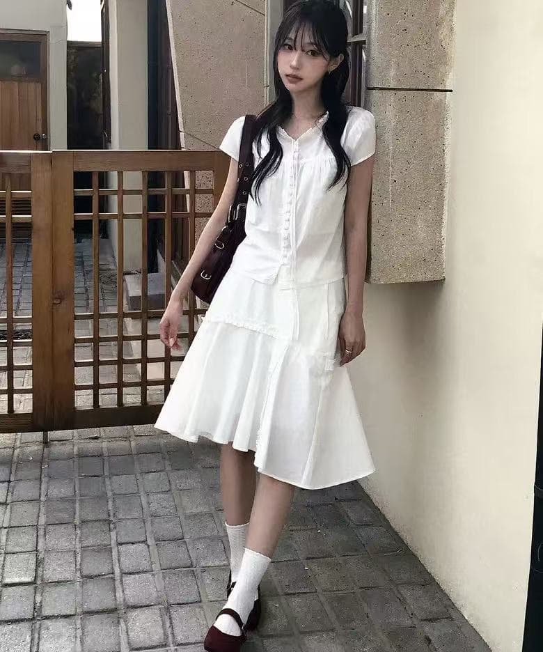 한 부서 부드러운 달콤함 연령 감소 프릴 싱글 줄 버튼 다용도 셔츠 불규칙 반신 스커트 세트 상세 이미지 2