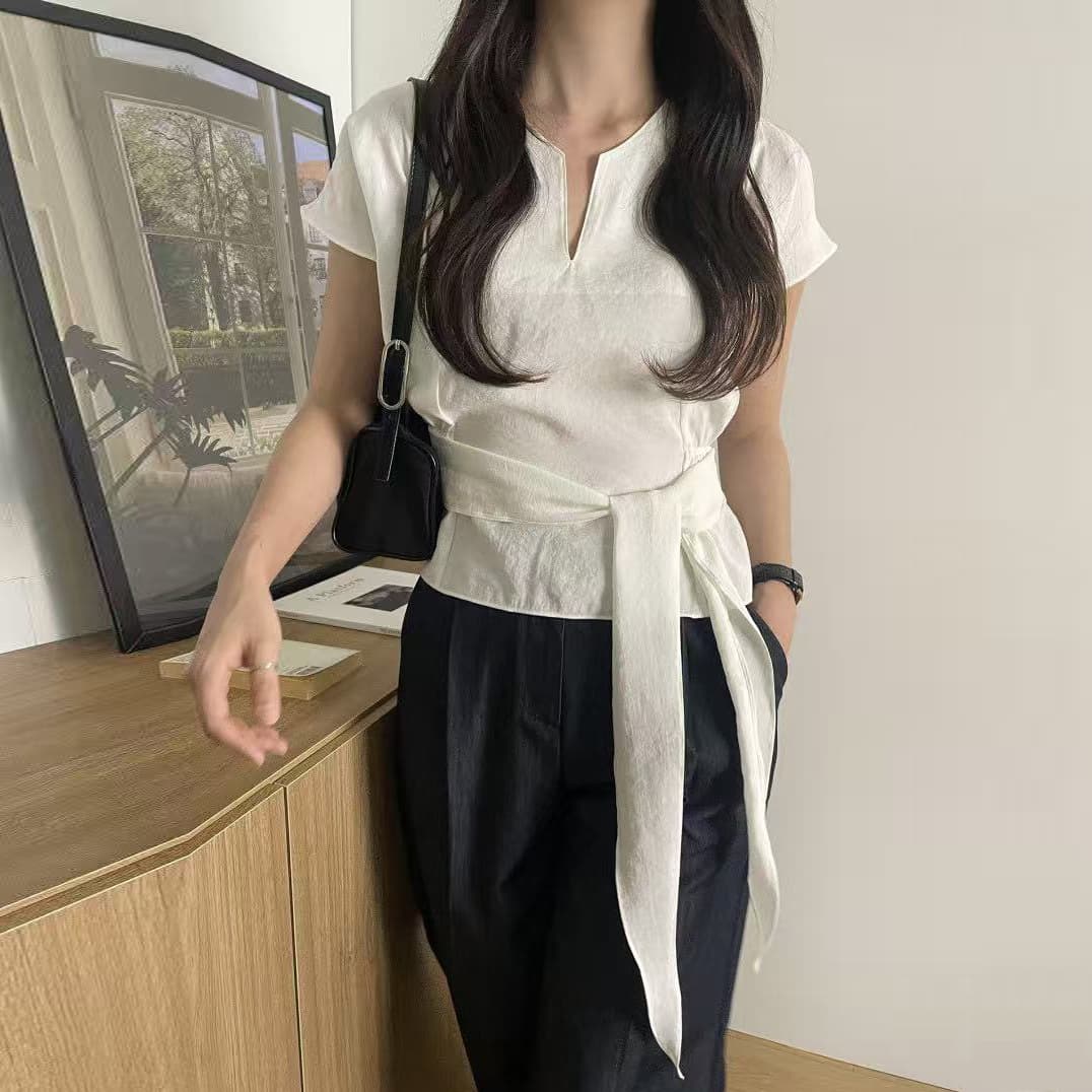 ins 한 부서 품격 작은 대중 v 네클라인 디자인 센스 레이스업 허리 수축 다용도 일상 셔츠 맨위 여성 이미지 5