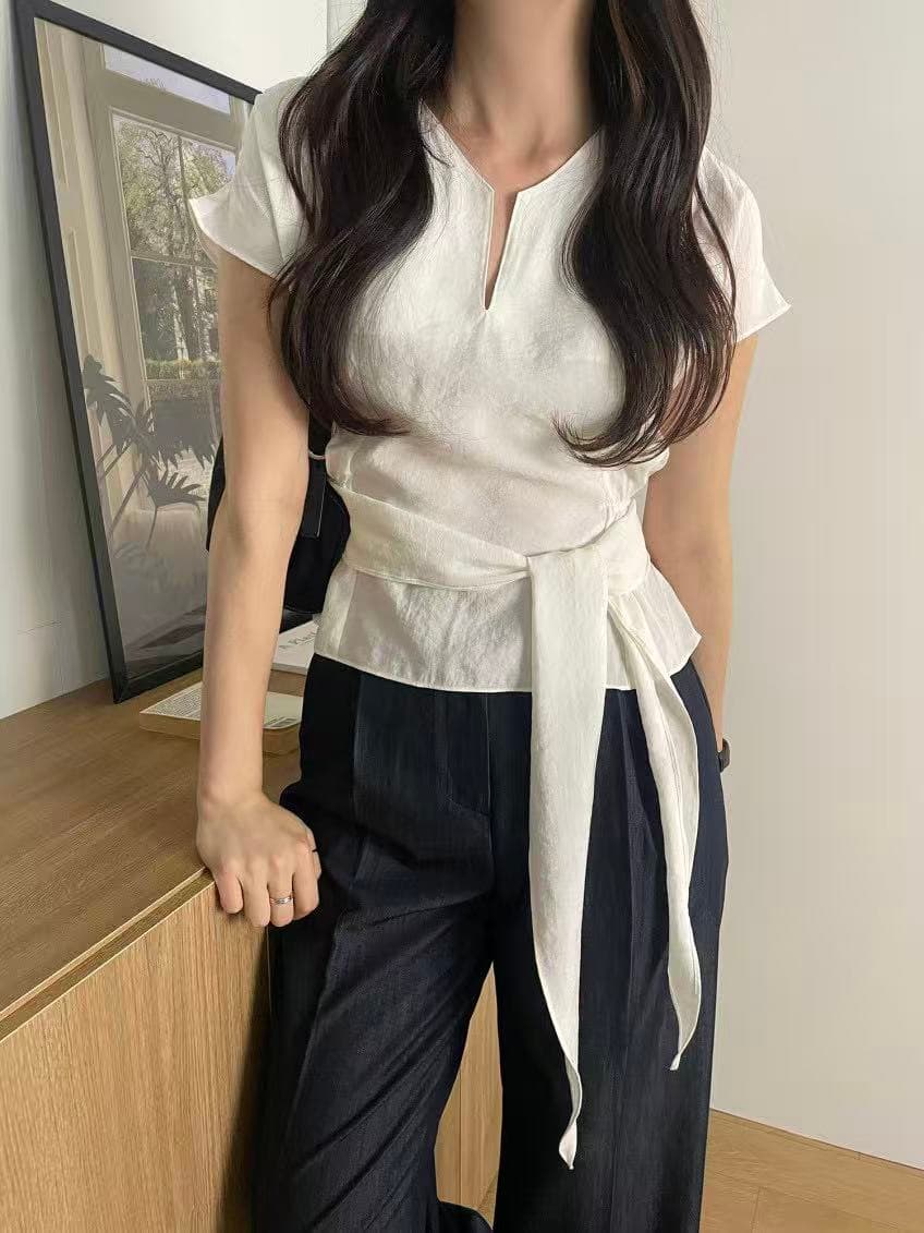 ins 한 부서 품격 작은 대중 v 네클라인 디자인 센스 레이스업 허리 수축 다용도 일상 셔츠 맨위 여성 상세 이미지 3