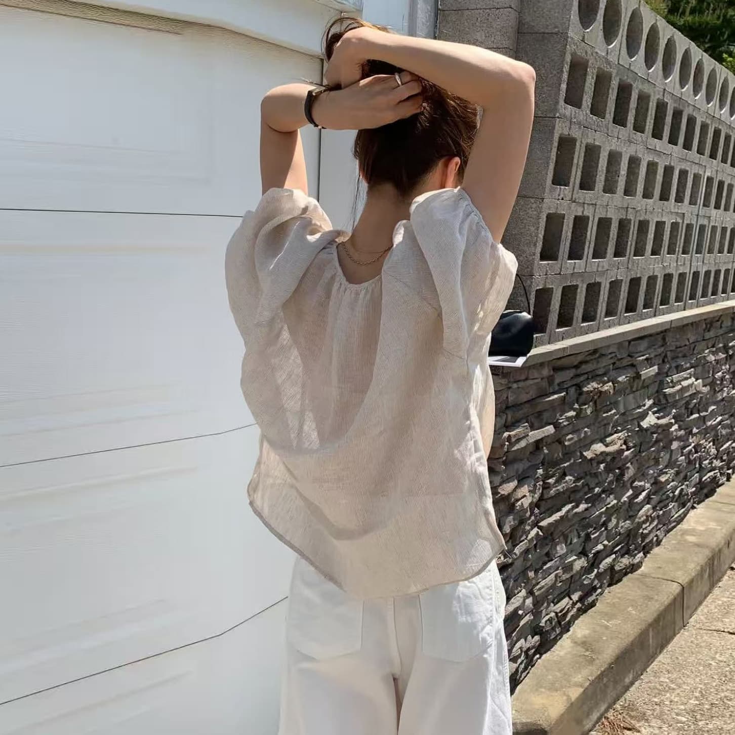 프랑스식 품격 느긋한 바람 여름 차가운 센스 마이크로 ~을 통해 셔츠 일상 다용도 루즈핏 맨위 작은 셔츠 여성