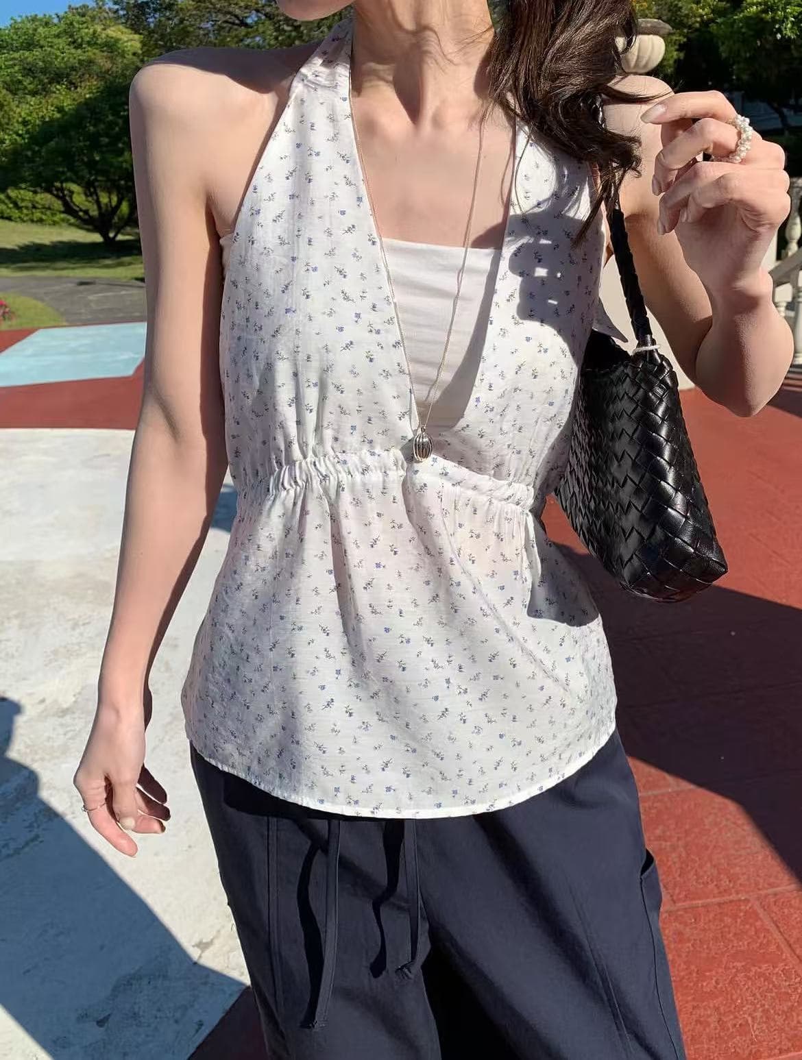 한 부서 미니멀리즘 작은 청신 꽃무늬 행침 목 조끼 다용도 출퇴근 스택 착용 쉬폰 작은 셔츠 제외 된 만나는 조끼 상세 이미지 7
