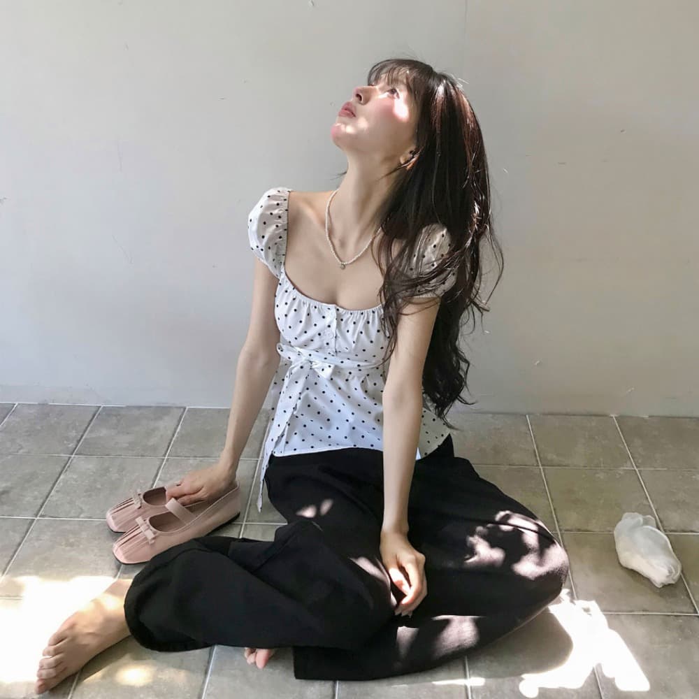 크기 있음 업데이트 한 부서 작은 대중 도트 무늬 레이스업 나비 매듭 귀여운 연령 감소 인형 셔츠 다용도 일상 셔츠 이미지 3