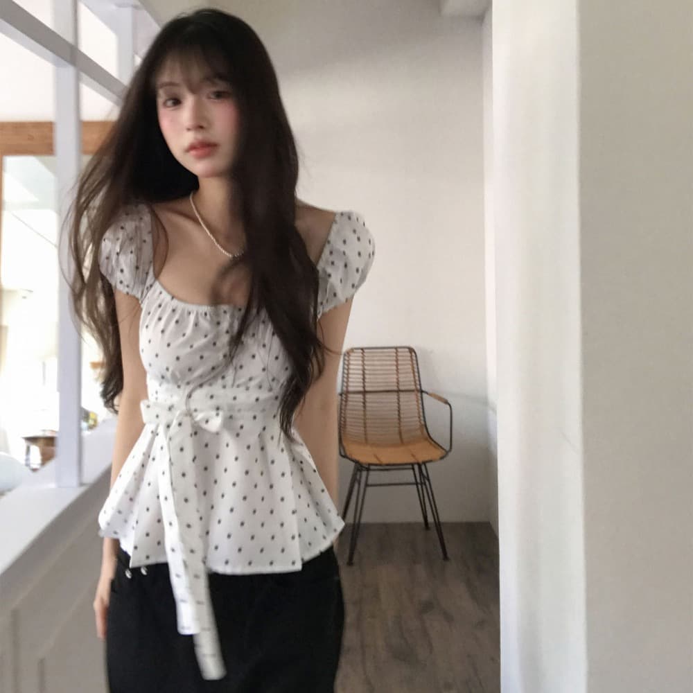 크기 있음 업데이트 한 부서 작은 대중 도트 무늬 레이스업 나비 매듭 귀여운 연령 감소 인형 셔츠 다용도 일상 셔츠 이미지 4