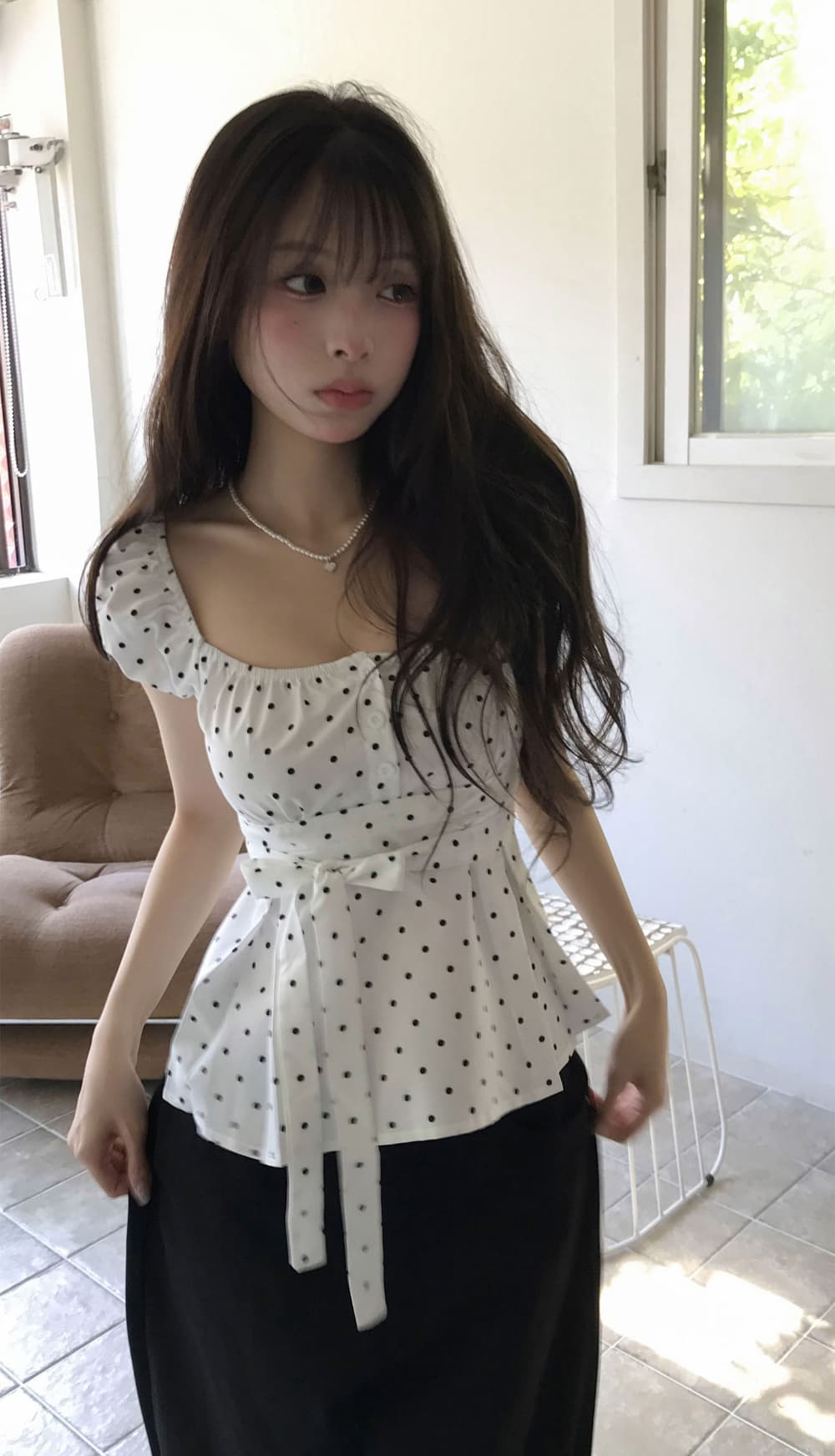 크기 있음 업데이트 한 부서 작은 대중 도트 무늬 레이스업 나비 매듭 귀여운 연령 감소 인형 셔츠 다용도 일상 셔츠 상세 이미지 17