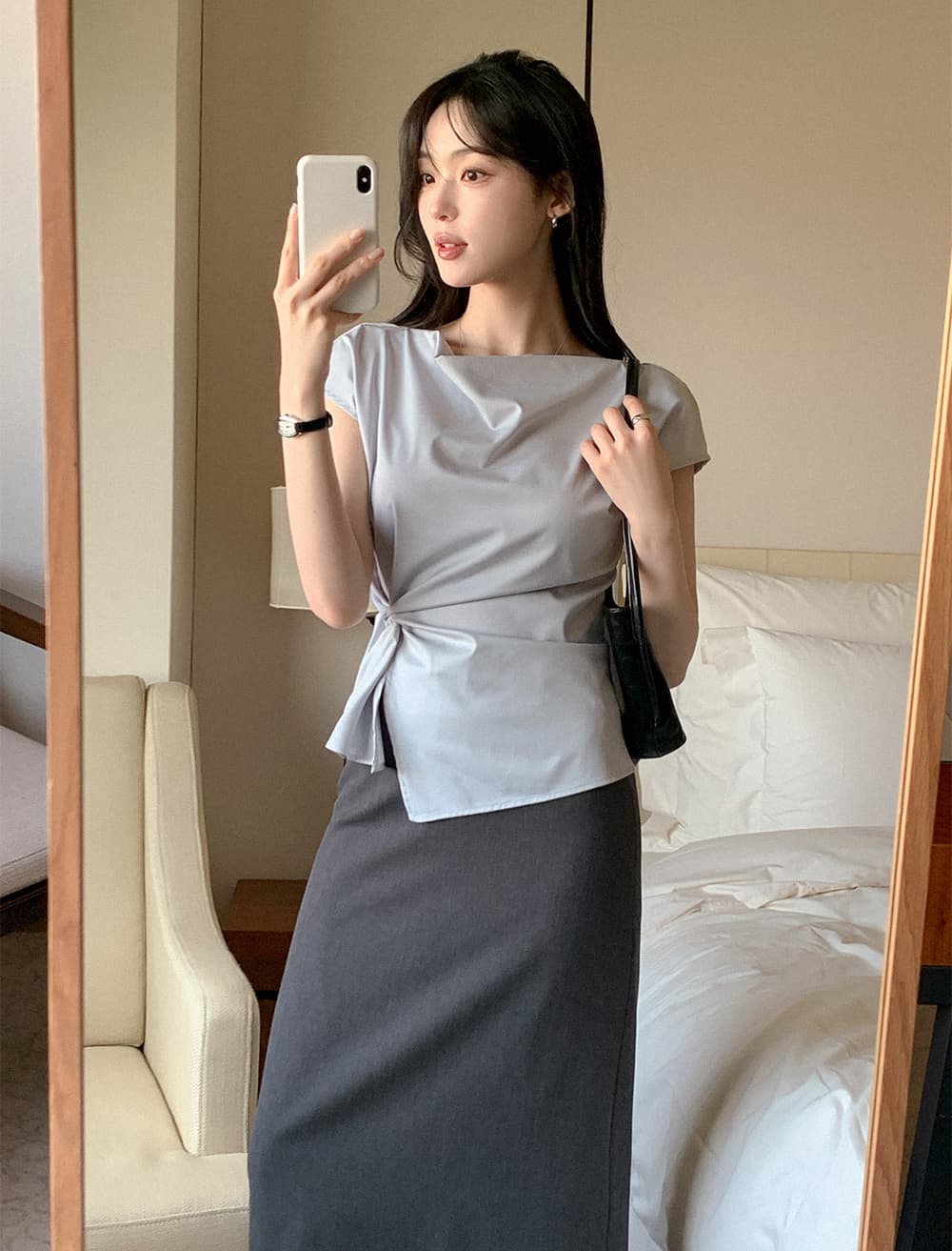 크기 있음 업데이트 한 부서 우아함 품격 흔들다 칼라 레이스업 허리 수축 트임 일상 다용도 셔츠 맨위 상세 이미지 1
