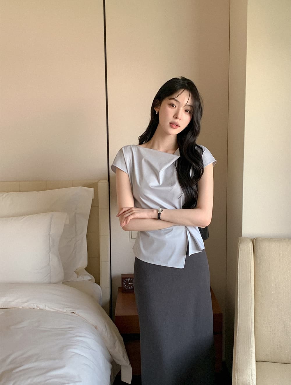 크기 있음 업데이트 한 부서 우아함 품격 흔들다 칼라 레이스업 허리 수축 트임 일상 다용도 셔츠 맨위 상세 이미지 2