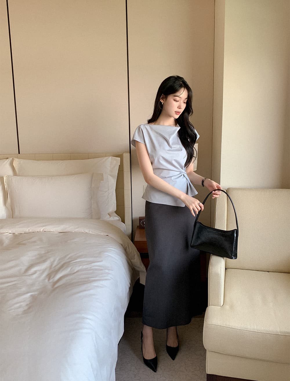 크기 있음 업데이트 한 부서 우아함 품격 흔들다 칼라 레이스업 허리 수축 트임 일상 다용도 셔츠 맨위 상세 이미지 4