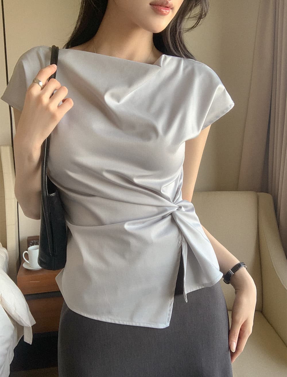 크기 있음 업데이트 한 부서 우아함 품격 흔들다 칼라 레이스업 허리 수축 트임 일상 다용도 셔츠 맨위 상세 이미지 7