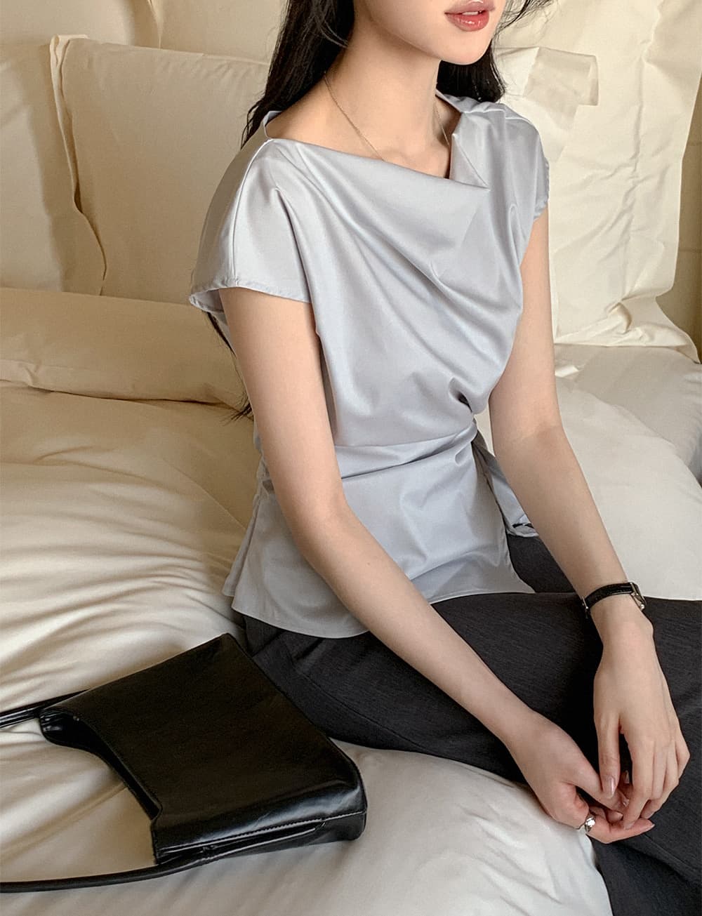 크기 있음 업데이트 한 부서 우아함 품격 흔들다 칼라 레이스업 허리 수축 트임 일상 다용도 셔츠 맨위 상세 이미지 9