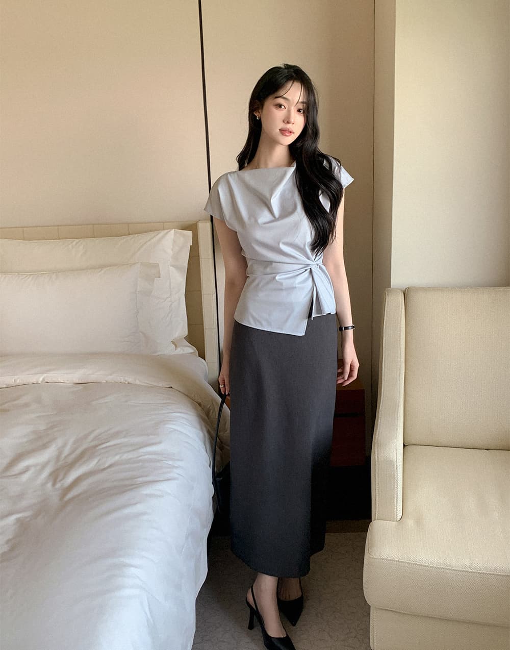 크기 있음 업데이트 한 부서 우아함 품격 흔들다 칼라 레이스업 허리 수축 트임 일상 다용도 셔츠 맨위 상세 이미지 11