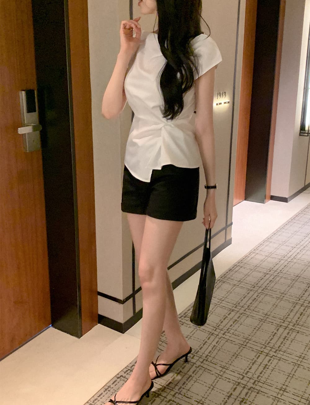 크기 있음 업데이트 한 부서 우아함 품격 흔들다 칼라 레이스업 허리 수축 트임 일상 다용도 셔츠 맨위 상세 이미지 24