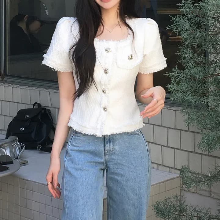 크기 있음 업데이트 작은 샤넬 스타일 광장 칼라 줄무늬 레이스 반팔 여성 코트 여름 새로운 프랑스식 트위드 이미지 4
