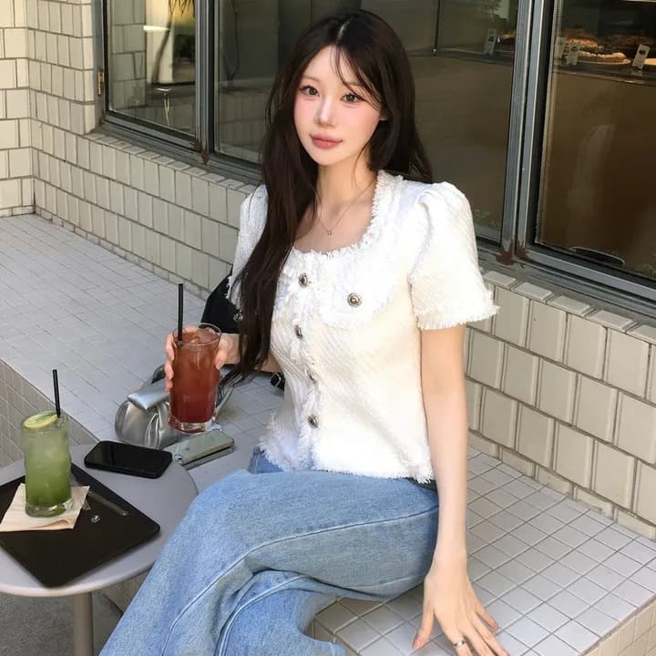 크기 있음 업데이트 작은 샤넬 스타일 광장 칼라 줄무늬 레이스 반팔 여성 코트 여름 새로운 프랑스식 트위드 이미지 3
