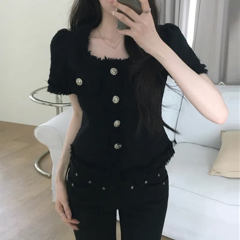 크기 있음 업데이트 작은 샤넬 스타일 광장 칼라 줄무늬 레이스 반팔 여성 코트 여름 새로운 프랑스식 트위드 이미지 5