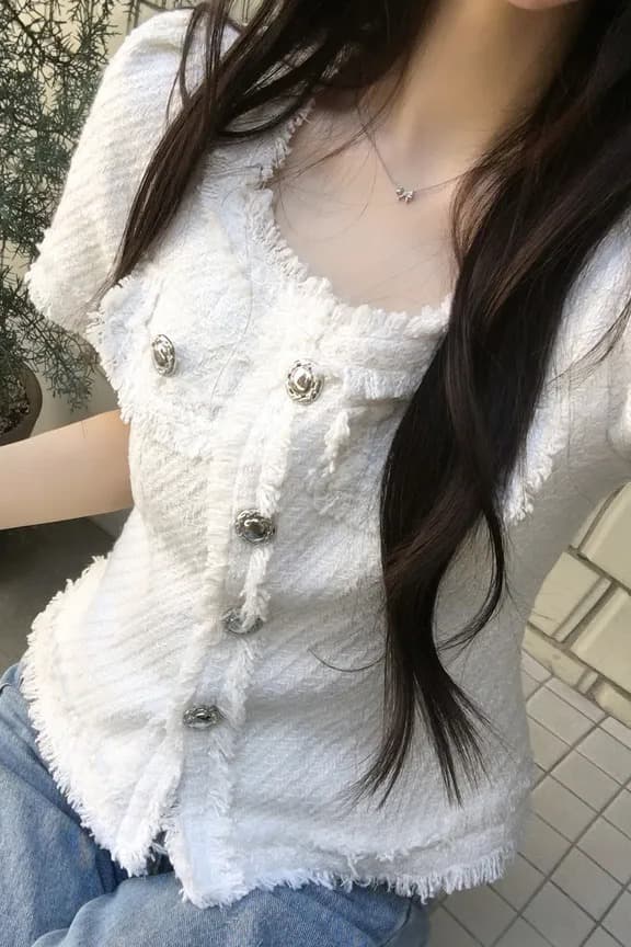 크기 있음 업데이트 작은 샤넬 스타일 광장 칼라 줄무늬 레이스 반팔 여성 코트 여름 새로운 프랑스식 트위드 이미지 6