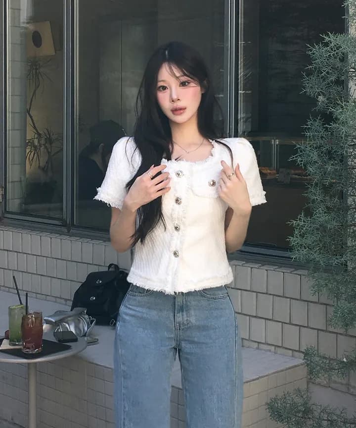 크기 있음 업데이트 작은 샤넬 스타일 광장 칼라 줄무늬 레이스 반팔 여성 코트 여름 새로운 프랑스식 트위드 상세 이미지 1