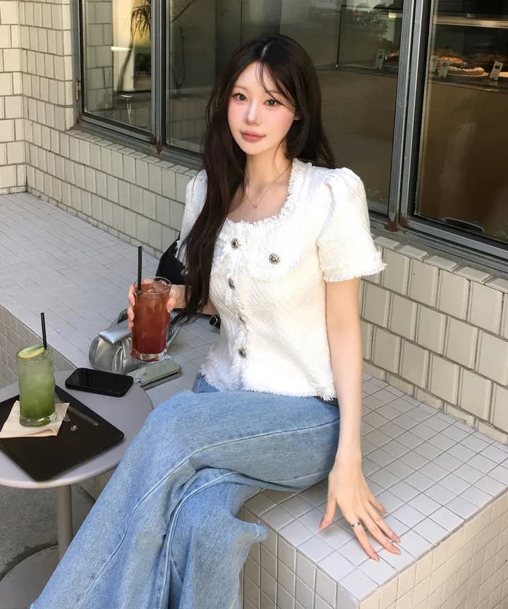 크기 있음 업데이트 작은 샤넬 스타일 광장 칼라 줄무늬 레이스 반팔 여성 코트 여름 새로운 프랑스식 트위드 상세 이미지 3