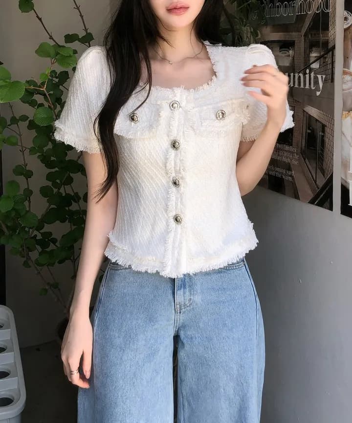 크기 있음 업데이트 작은 샤넬 스타일 광장 칼라 줄무늬 레이스 반팔 여성 코트 여름 새로운 프랑스식 트위드 상세 이미지 4