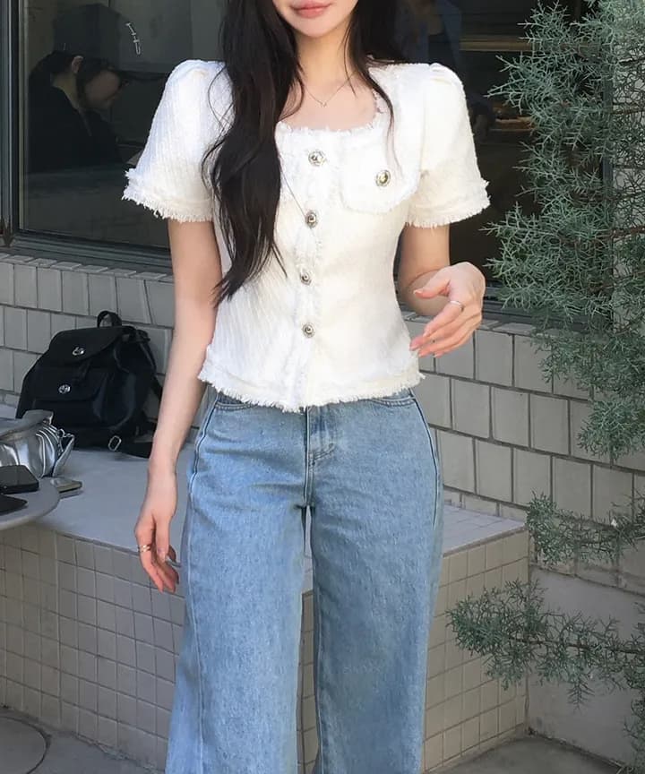크기 있음 업데이트 작은 샤넬 스타일 광장 칼라 줄무늬 레이스 반팔 여성 코트 여름 새로운 프랑스식 트위드 상세 이미지 8