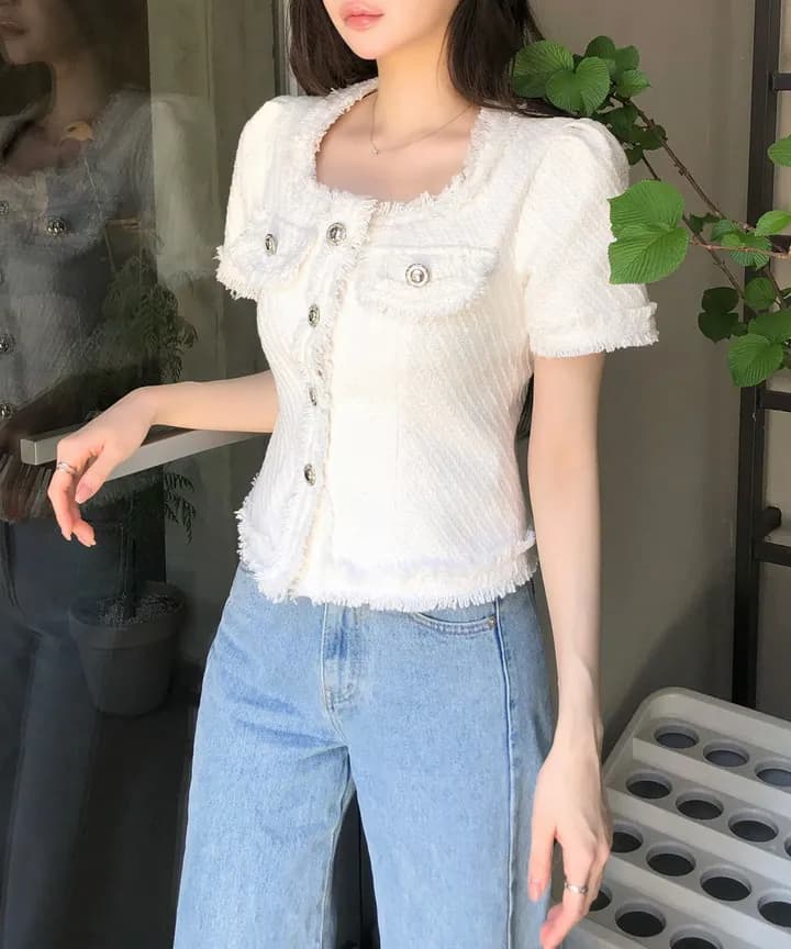 크기 있음 업데이트 작은 샤넬 스타일 광장 칼라 줄무늬 레이스 반팔 여성 코트 여름 새로운 프랑스식 트위드 상세 이미지 10