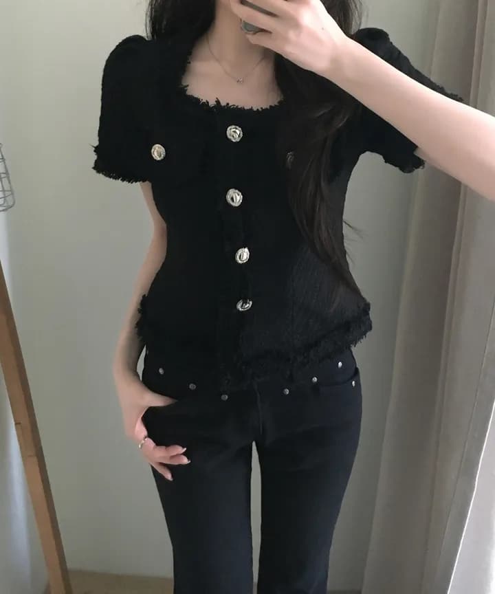 크기 있음 업데이트 작은 샤넬 스타일 광장 칼라 줄무늬 레이스 반팔 여성 코트 여름 새로운 프랑스식 트위드 상세 이미지 11
