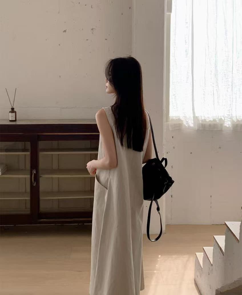 한 부서 미니멀리즘 품격 우아함 루즈핏 라인 센스 더블 주머니 다용도 일상 라운드 넥 드레스 상세 이미지 18