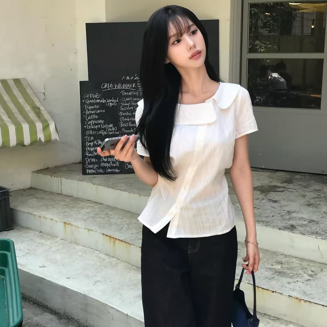 크기 있음 업데이트 한국 스타일 불규칙 베이비 칼라 여성 셔츠 허리 수축 슬림해 보이는 디자인 센스 Chic 품격 맨위