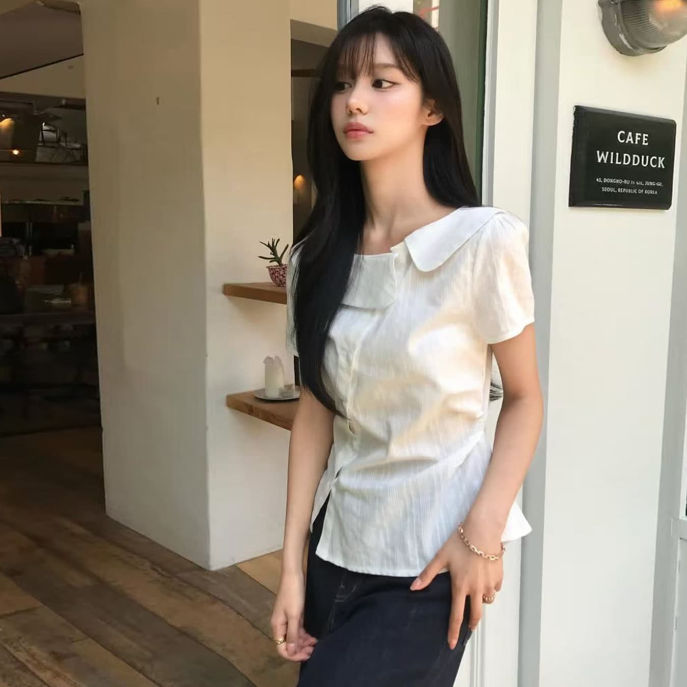 크기 있음 업데이트 한국 스타일 불규칙 베이비 칼라 여성 셔츠 허리 수축 슬림해 보이는 디자인 센스 Chic 품격 맨위 이미지 2