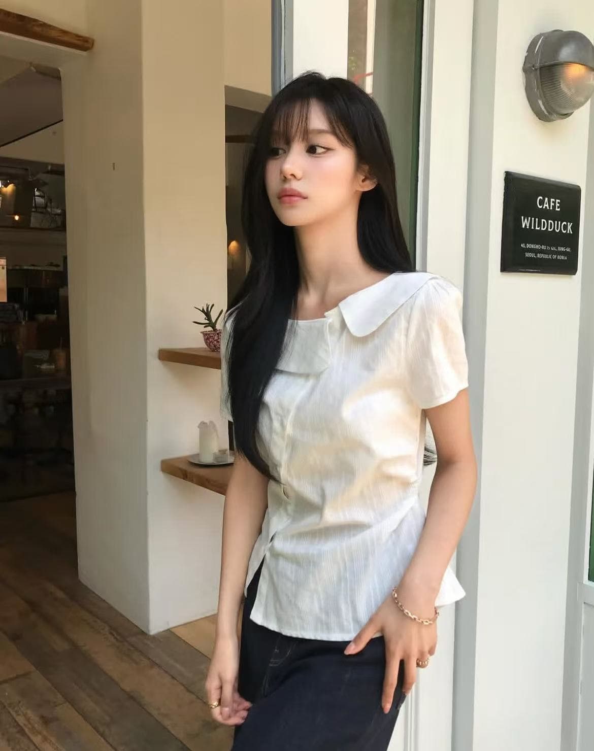 크기 있음 업데이트 한국 스타일 불규칙 베이비 칼라 여성 셔츠 허리 수축 슬림해 보이는 디자인 센스 Chic 품격 맨위 상세 이미지 2